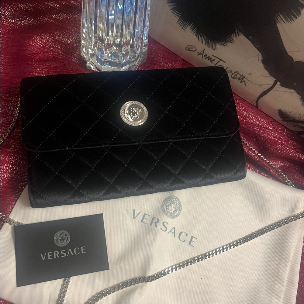 Versace Black Quilted Clutch with Silver Medallion